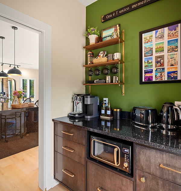 Fully stocked coffee pantry with espresso machine at Casita Amore, a romantic couples getaway near Traverse City, Michigan