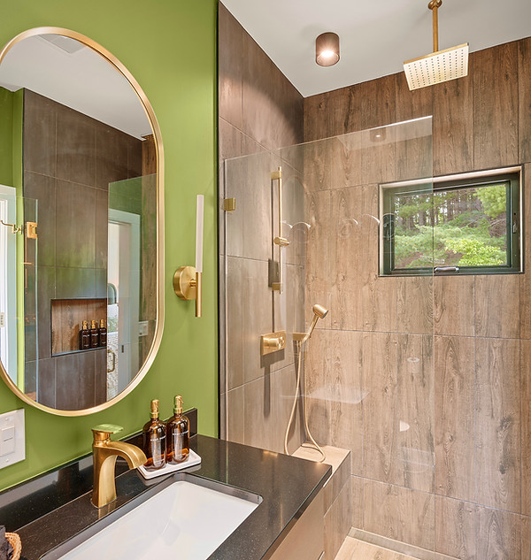 Luxury bathroom with waterfall shower at Casita Amore, a romantic couples getaway near Traverse City, Michigan