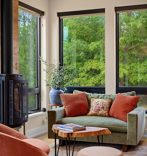 Cozy fireplace in living room at Casita Amore, a romantic couples getaway near Traverse City, Michigan
