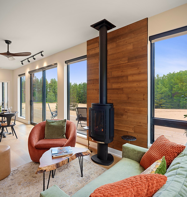 Cozy fireplace in living room at Casita Amore, a romantic couples getaway near Traverse City, Michigan