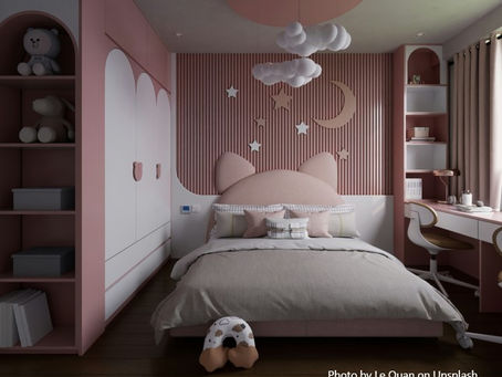 Child's room with layered bedding with different patterns and vertical shelves