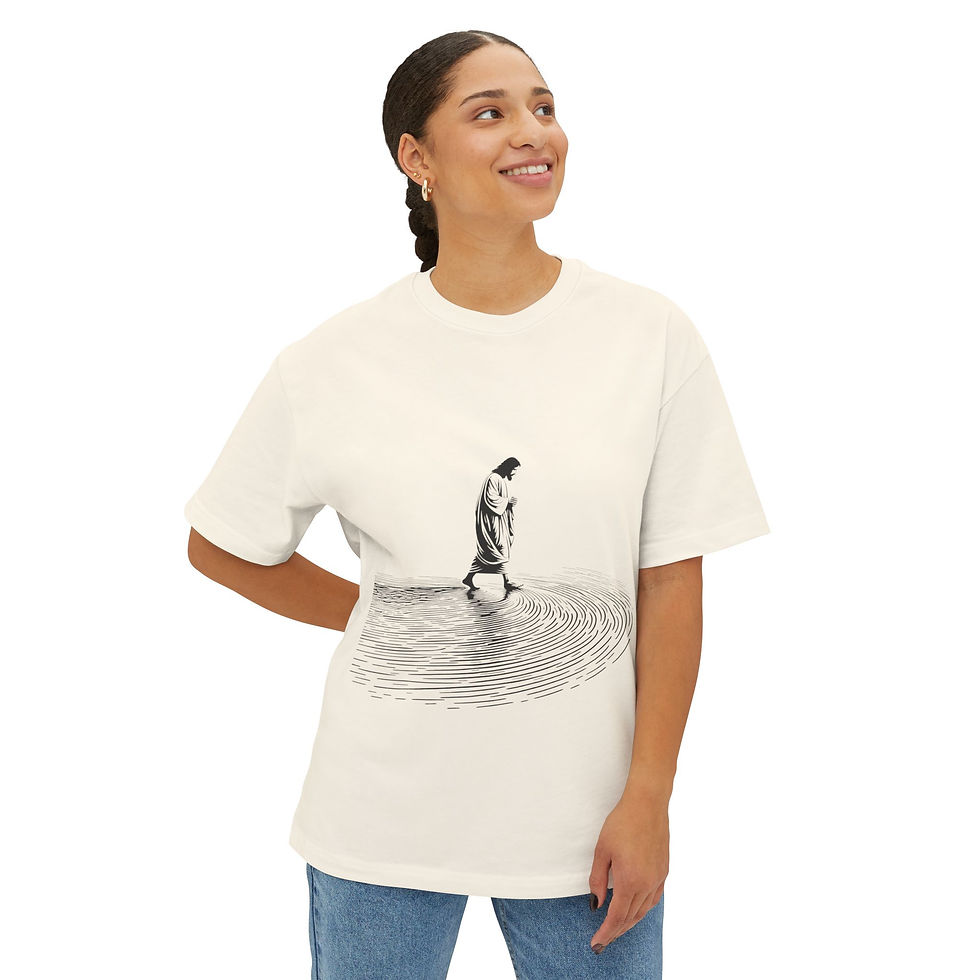 Thumbnail: Jesus walks on water, stylized water ripples spelling 'believe'