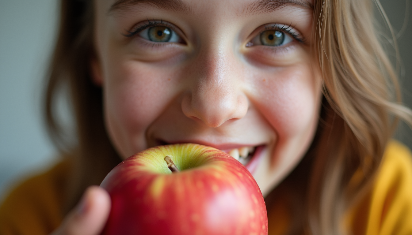 Eye-level view of a smiling person eating an apple