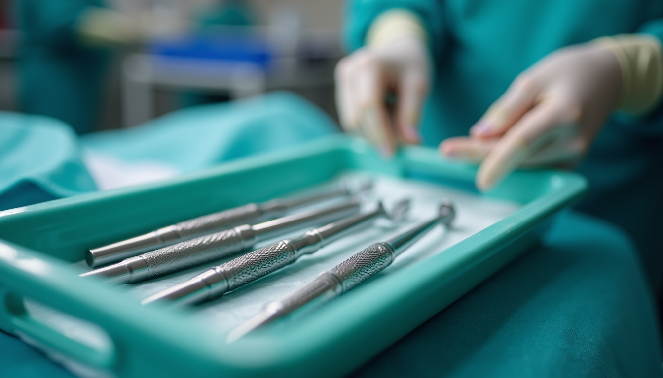 Close-up view of dental surgical tools on a tray