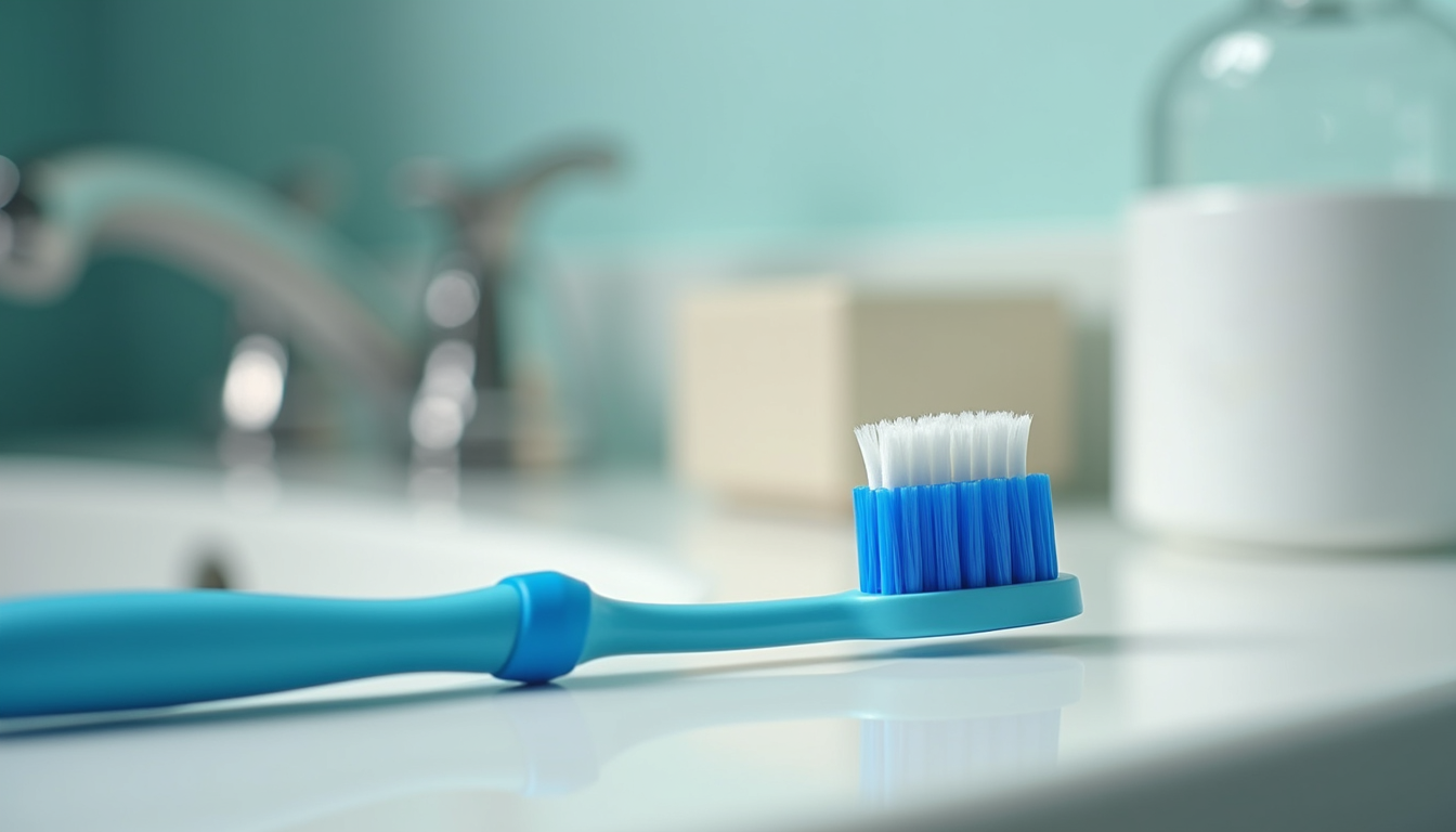 Eye-level view of toothbrush and dental floss on bathroom counter