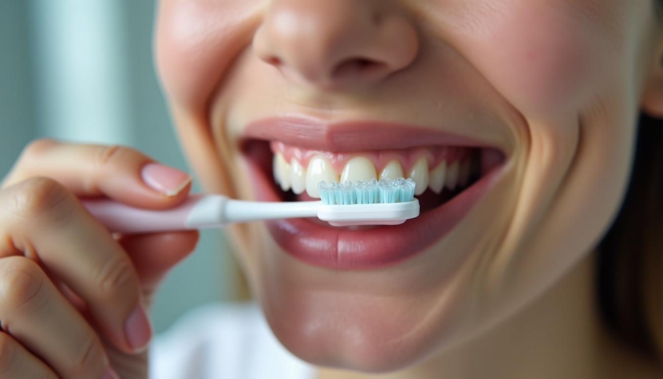 Close-up view of a person cleaning invisible teeth aligners with a toothbrush