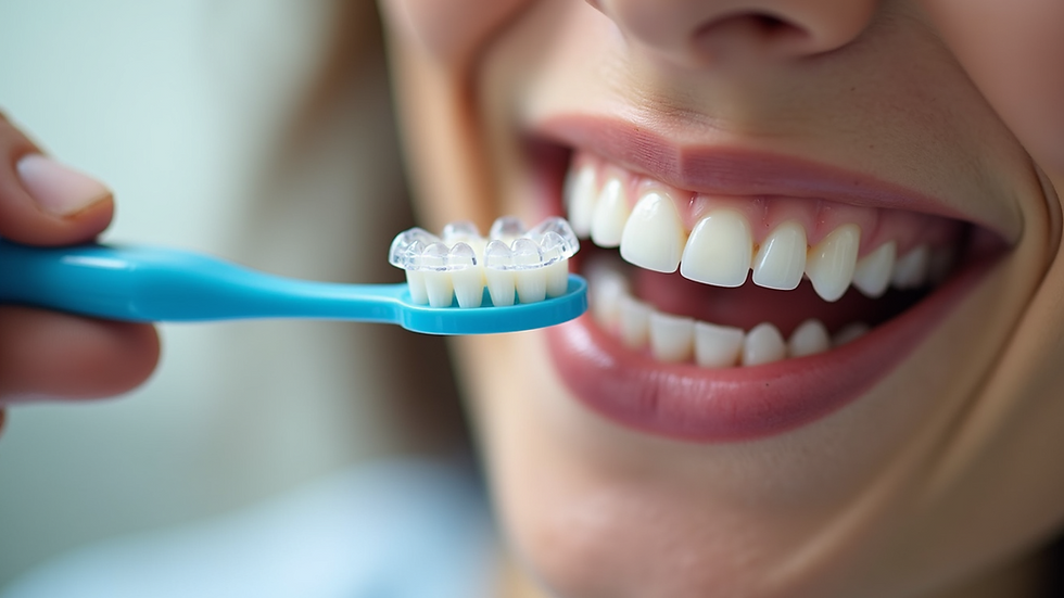 Close-up view of clear aligners being cleaned with toothbrush