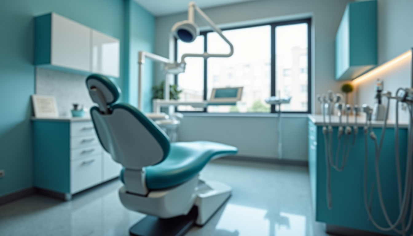 Eye-level view of a dental chair and equipment in a modern clinic