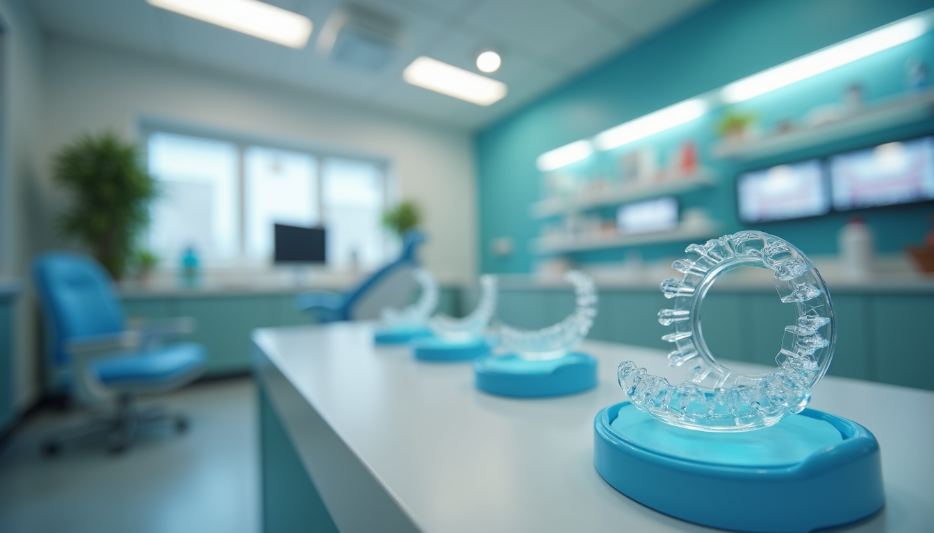 Eye-level view of dental clinic with invisible aligners on display