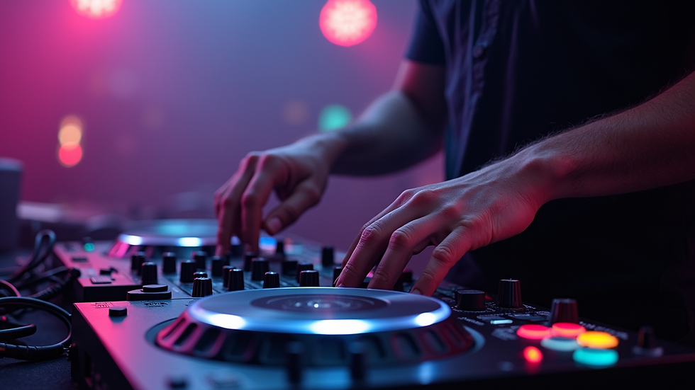 Close-up view of a modern DJ mixing classic soul and hip hop tracks on a digital controller