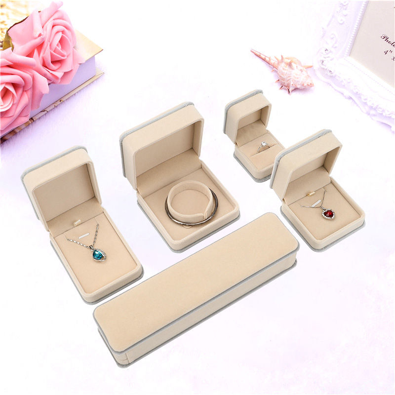 Thumbnail: Grey Rim Decorate Beige Velvet Jewelry Boxes Packaging Wholesale