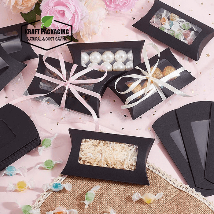 Thumbnail: Black Kraft Pillow Style Paper Boxes With Window Wholesale