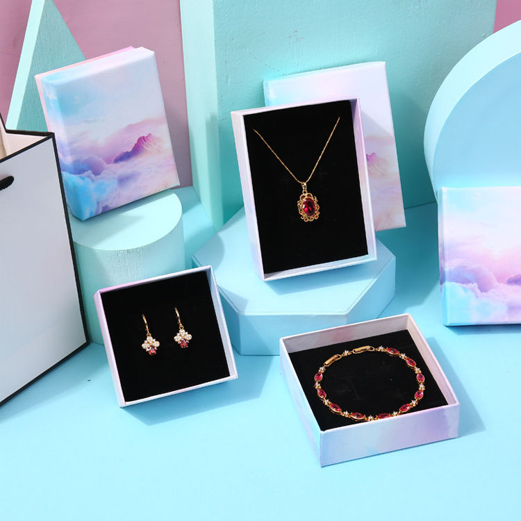 Thumbnail: Iridescent Cloud Art Paper Cardboard Jewelry Gift Boxes With Foam Insert