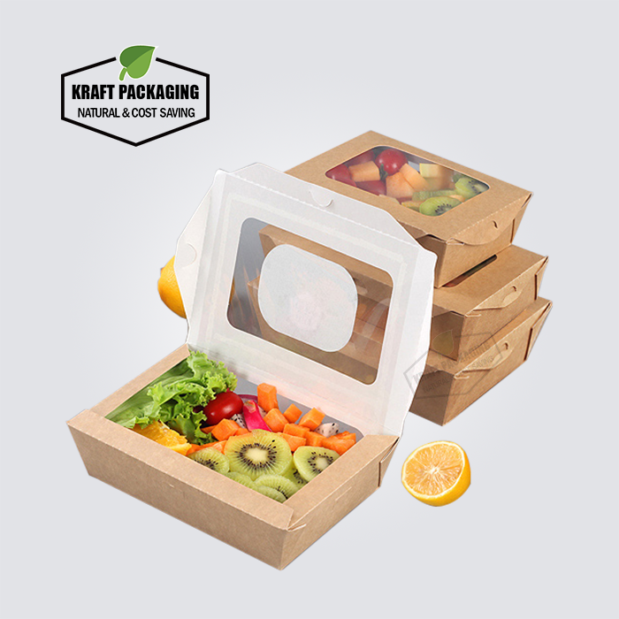 Thumbnail: Disposable brown Kraft take out salad containers with two clear window