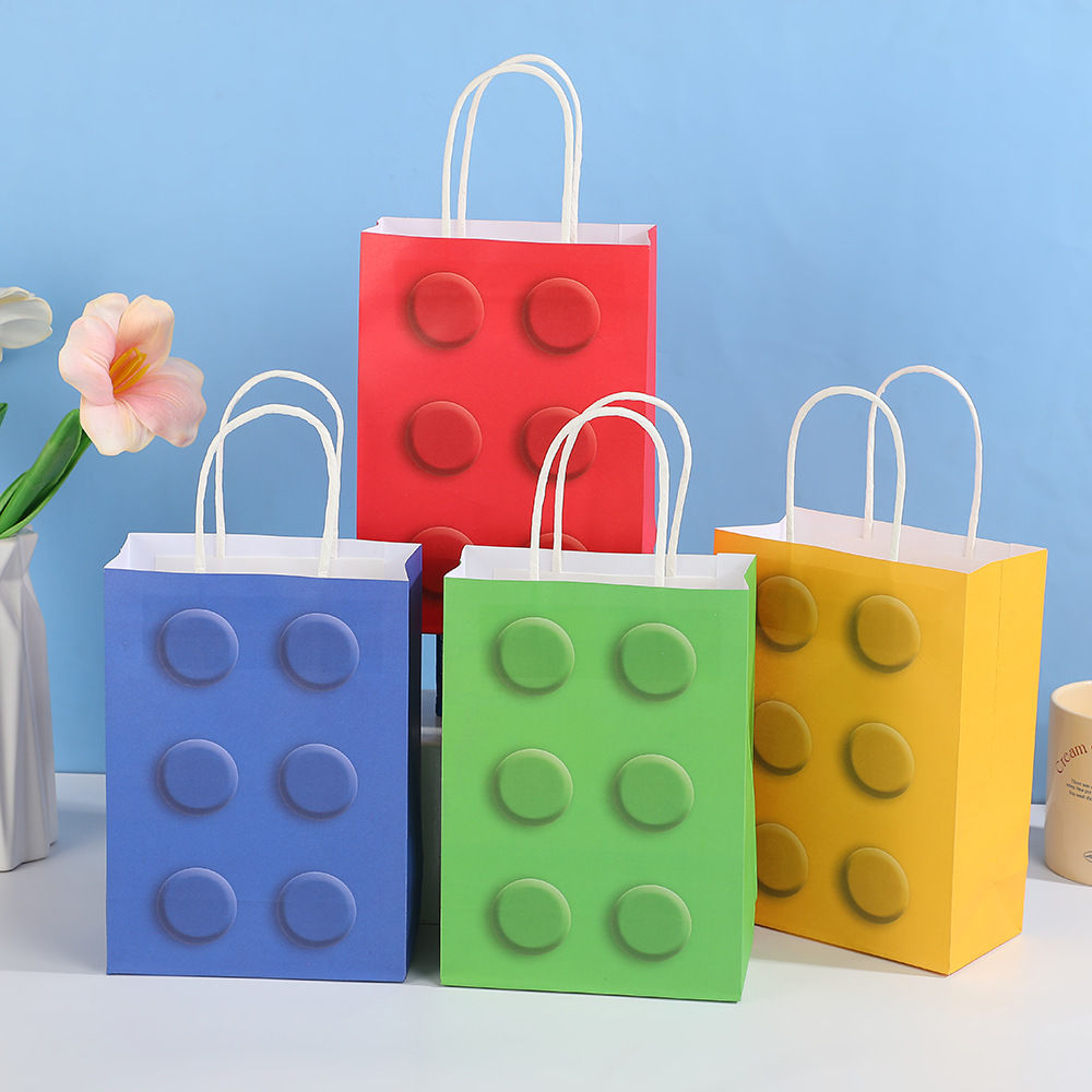 Candy Colored Building Blocks Cartoon Tote Bag Mall Shopping Kraft Paper Bags