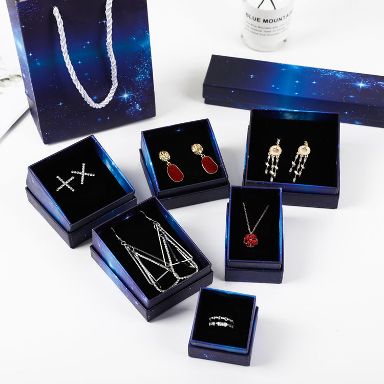 Thumbnail: Blue Starry Sky Art Paper Cardboard Jewelry Gift Boxes With Foam Insert