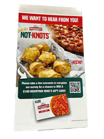 Custom StickiPad pizza box topped for Mountain Mike Pizza