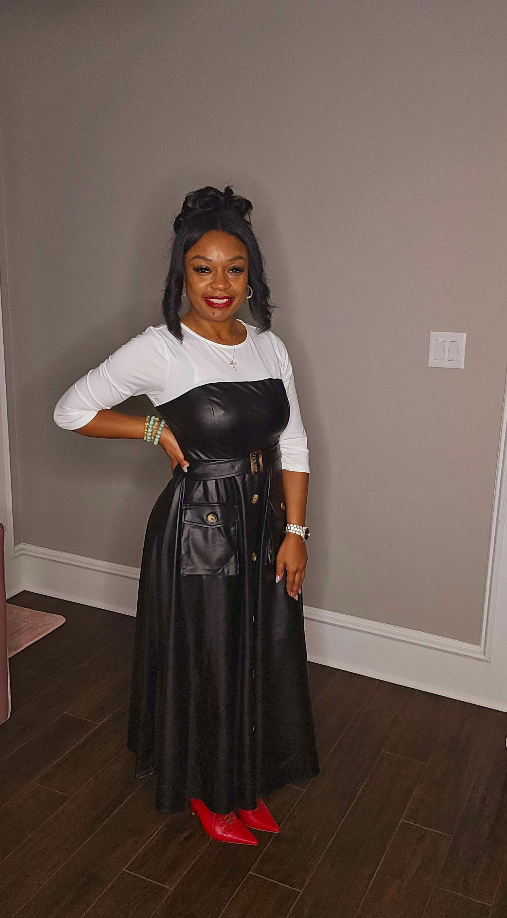 Faux Leather Belted Maxi Dress