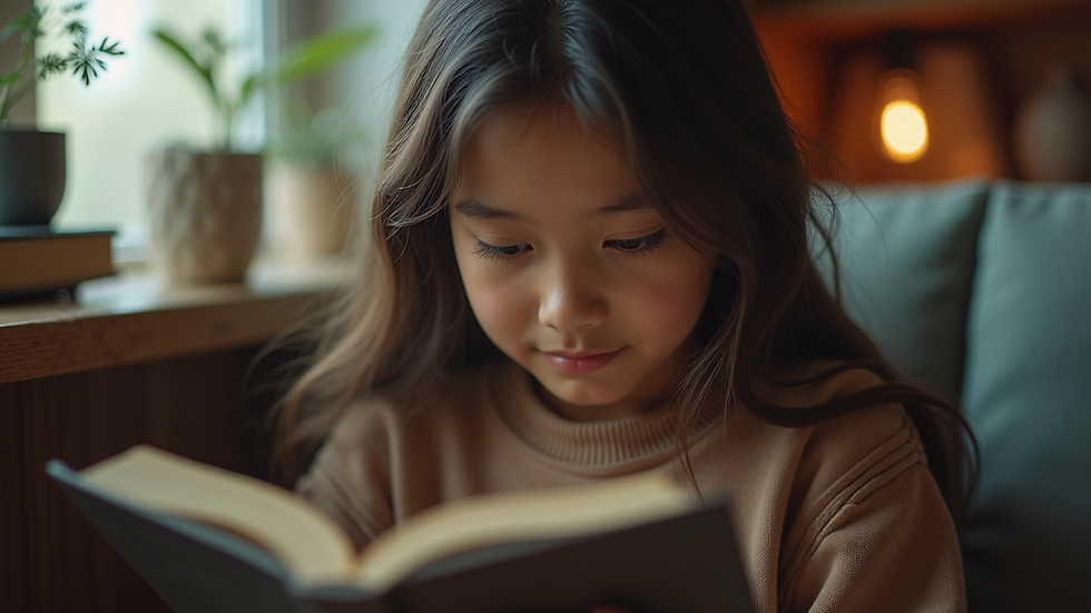 Eye-level view of a young person reading a book in a cozy corner