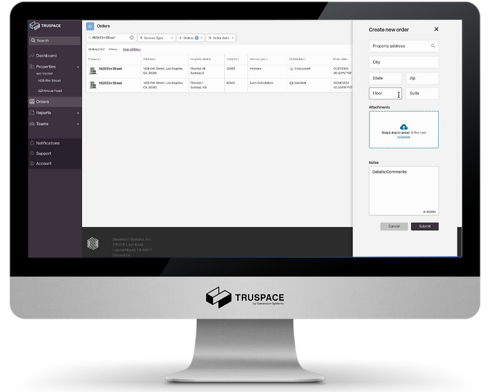 TruSpace platform screen showing real-time tenant update submission form.