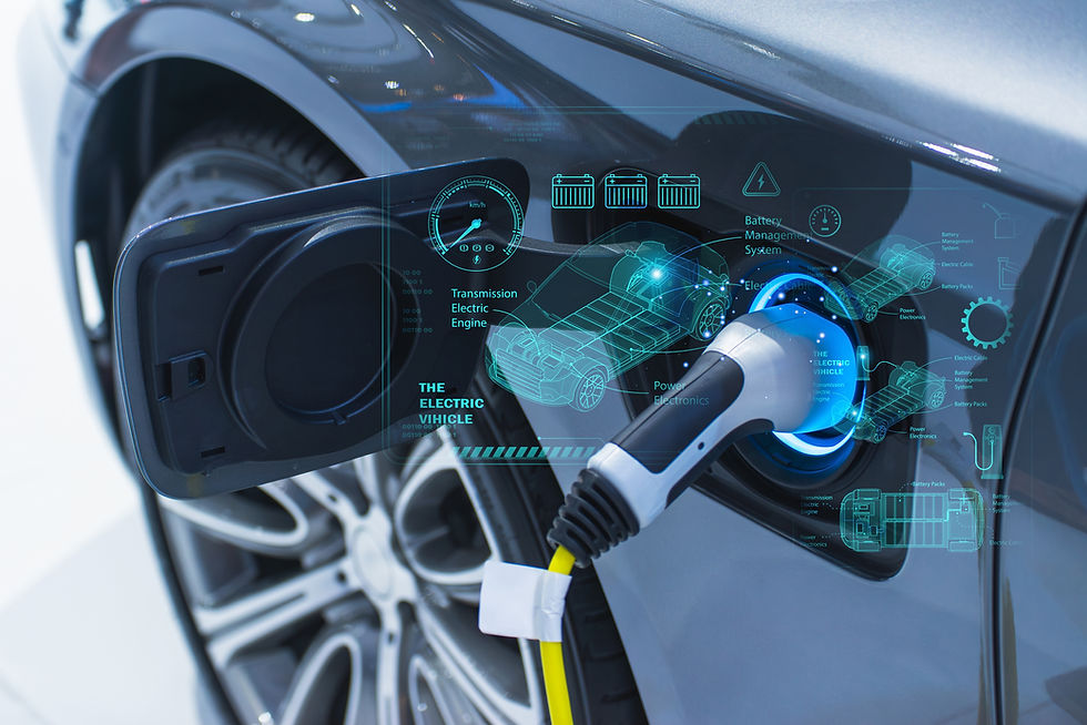 EV car with charger and green neon dashboard appearing around the charger with superimposed teal EV battery analytics