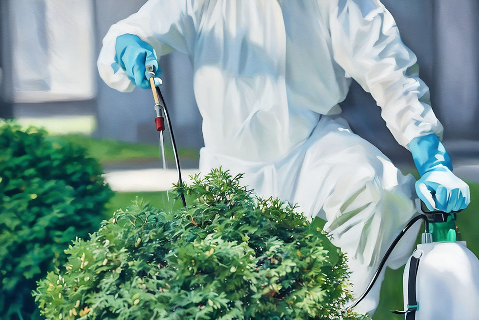 Pest control technician applying treatment to outdoor plants to prevent insect activity and protect property
