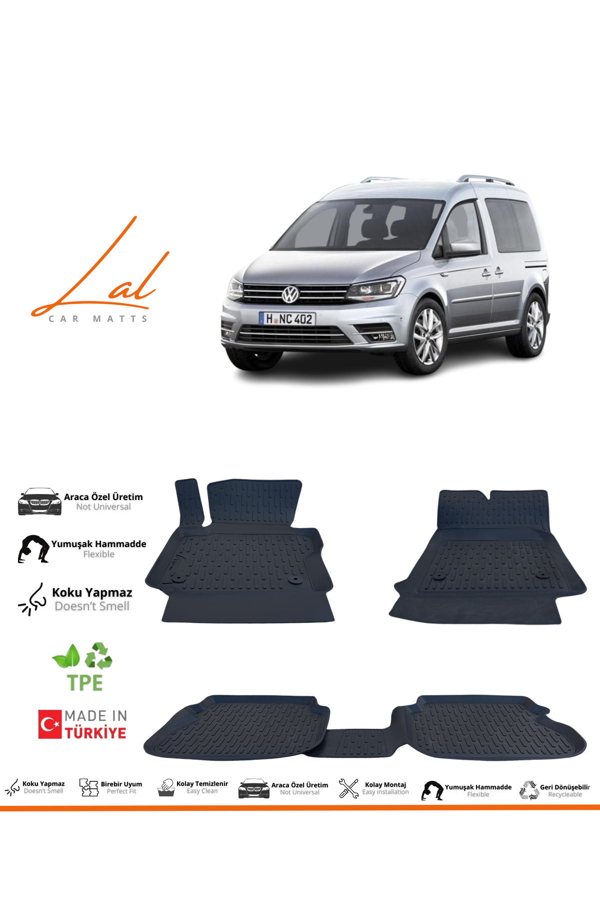 Volkswagen Caddy 3D Havuzlu Paspas (2011-2020 Uyumlu)