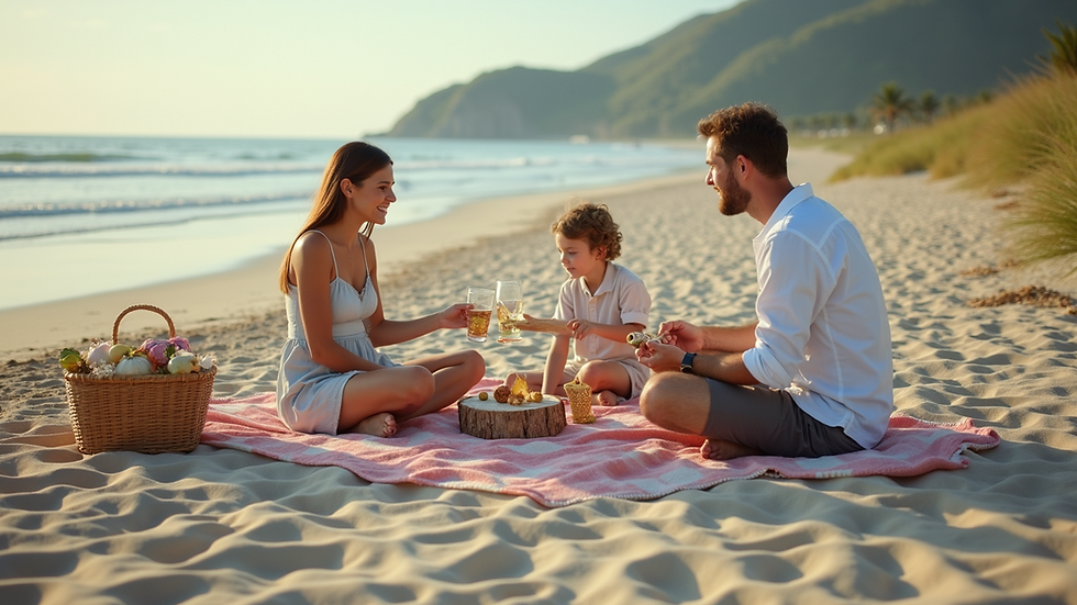 High angle view of a family enjoying a beach picnic arranged by a travel agent