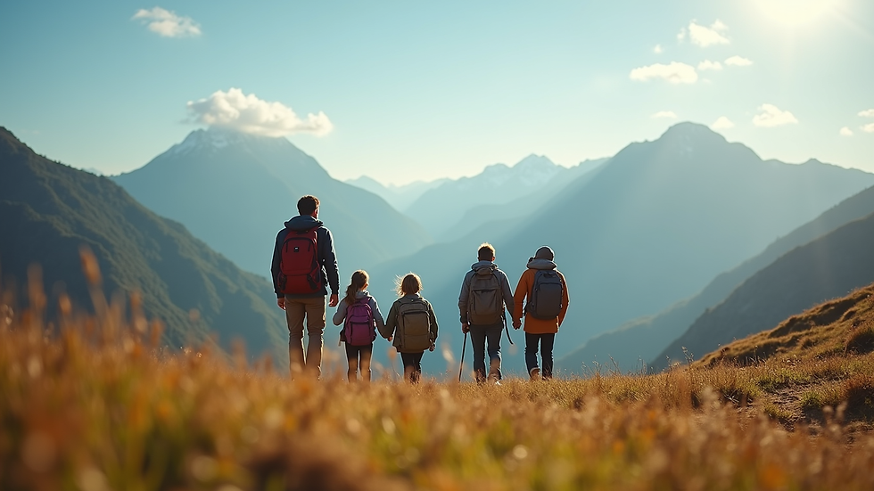 Wide angle view of a family enjoying a scenic mountain hike
