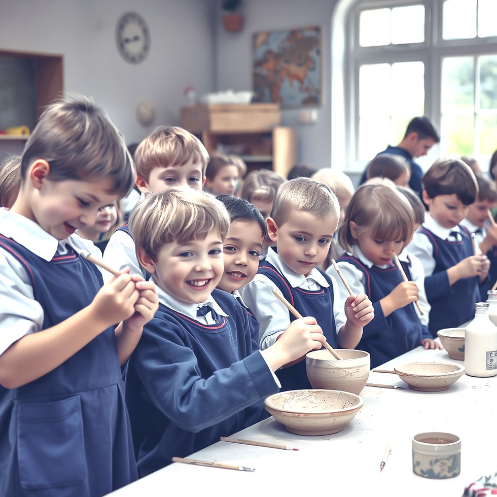 a picture of lots of children in a school in uniform painting pottery and having fun.jpg
