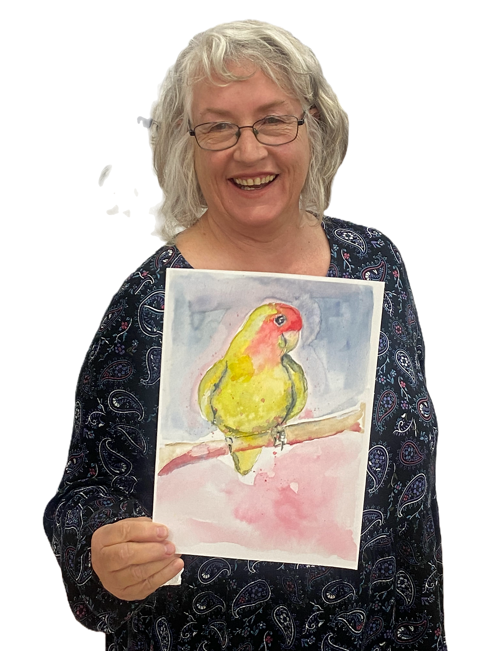 A proud student displays her vibrant week 6 watercolor painting of a parrot.
