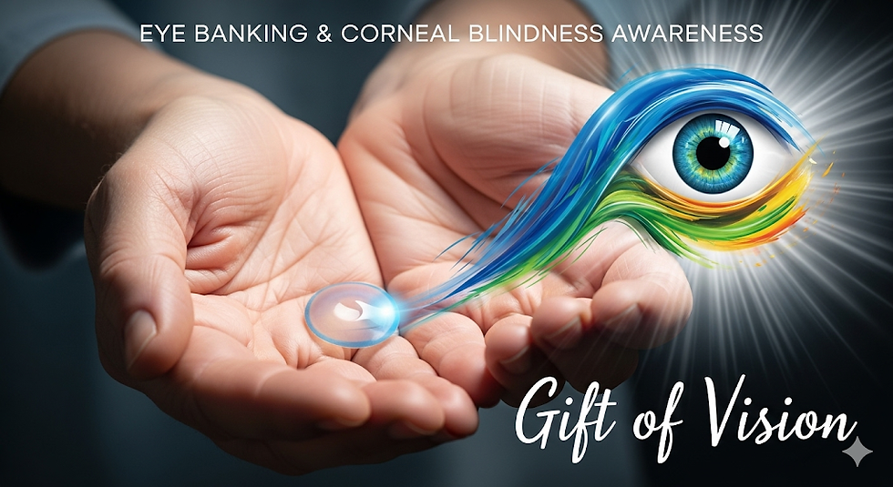 Hands holding a colorful, eye-shaped design with text: "Eye Banking & Corneal Blindness Awareness" and "Gift of Vision."