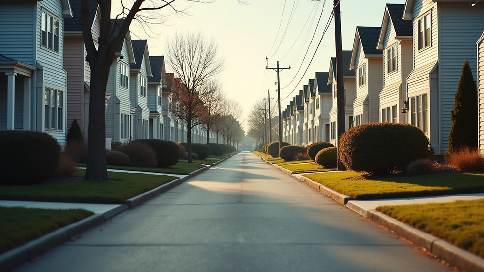 Eye-level view of a residential street with multi-family homes