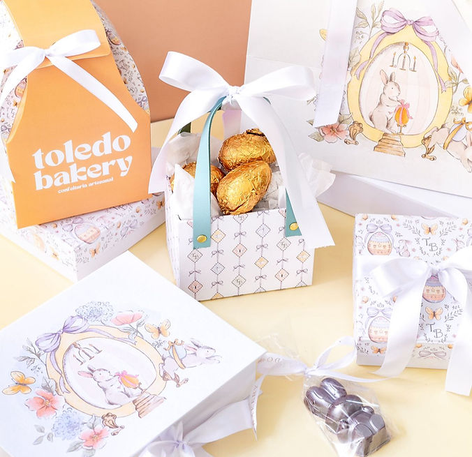 Embalagens especiais ilustradas para Páscoa para confeitaria artesanal.