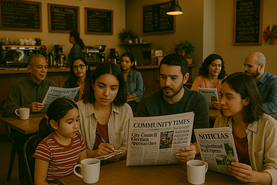 Familias latinas leyendo noticias de un medio comunitario bilingüe