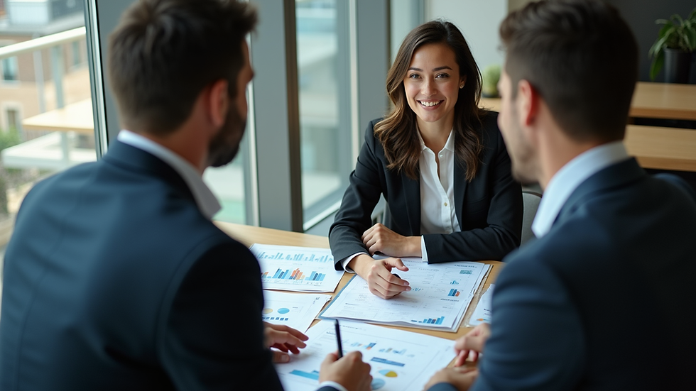 High angle view of a business broker discussing valuation with a client