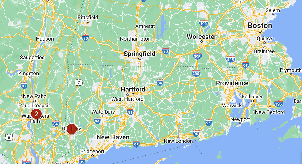 (1) Enoch's home in Danbury, CT (2) Fishkill, NY