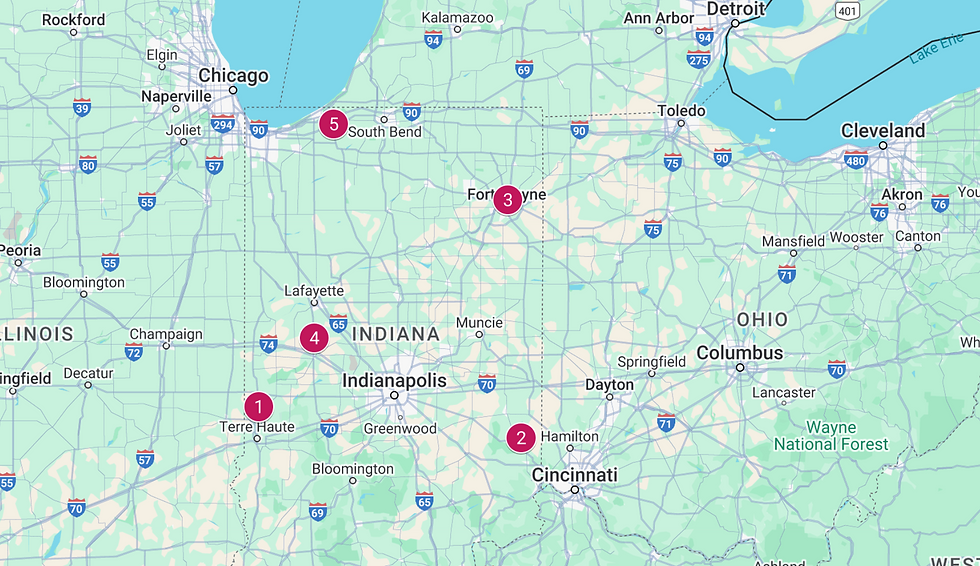 (1) Terre Haute (2) Brookville (3) Fort Wayne (4) La Porte (5) Crawfordville