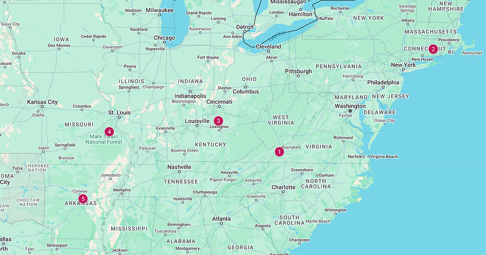 (1) Austinville, VA (2) Colchester, CT (3) Lexington, KY (4) Potosi, MO (5) Little Rock, AK