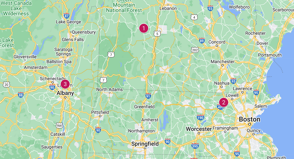 (1) Cavendish, VT (2) Westford, MA (3) Albany, NY