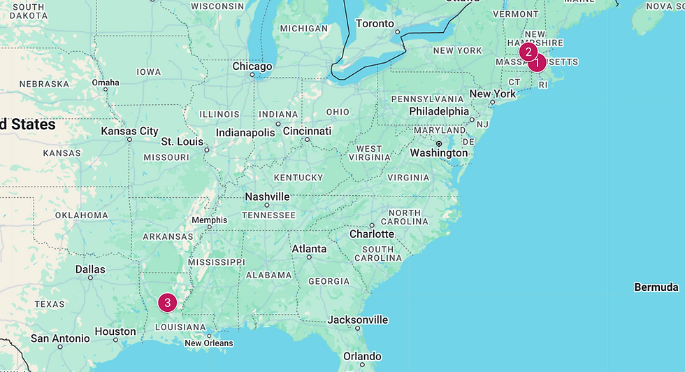 (1) Marlborough, MA (2) Jaffrey, NH (3) Alexandria, LA