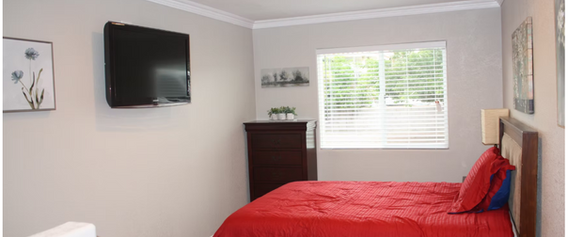 Bedroom with red bed, flat-screen TV, window, dresser, hardwood floor.
