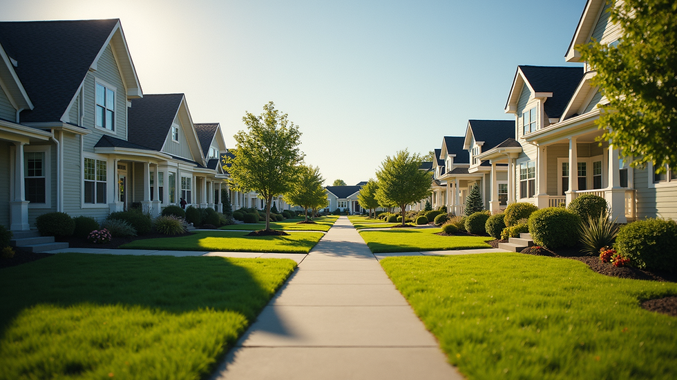 Eye-level view of a vibrant suburban neighborhood with well-maintained homes