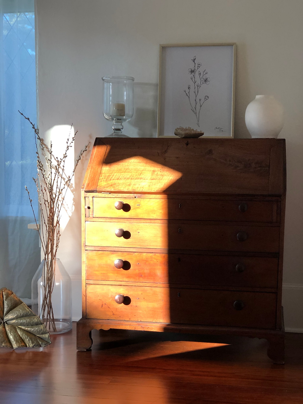 West Facing Bedroom complete...bathed in gorgeous afternoon sun hitting the 19th C writing desk I found at an Estate Sale. Hard work, patching walls and painting have brought this room back to life!
