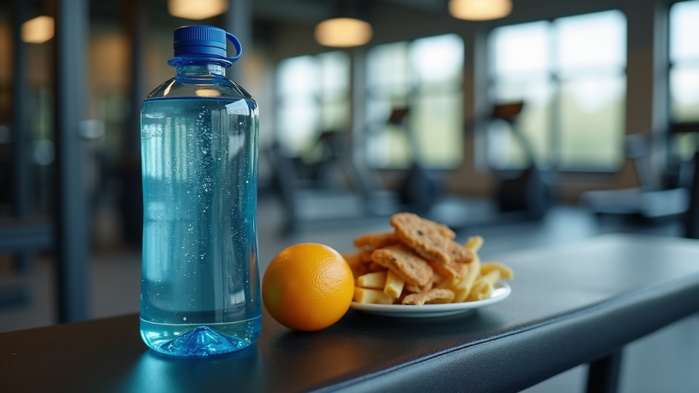 Close-up view of a water bottle and healthy snacks on a gym bench