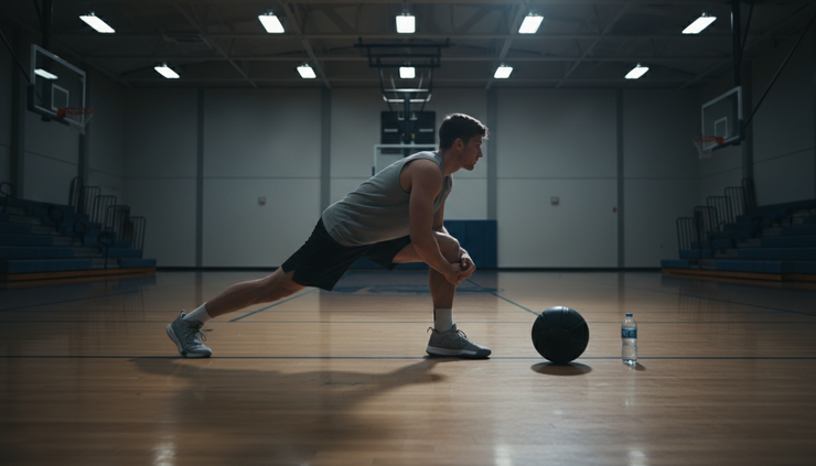 Side view of a basketball player stretching on the court after a preseason workout.