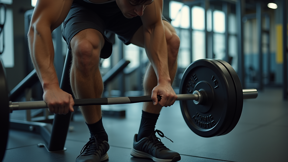 Eye-level view of a gym trainer adjusting weights for an athlete