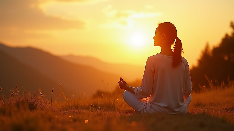 Eye-level view of a person meditating outdoors at sunrise