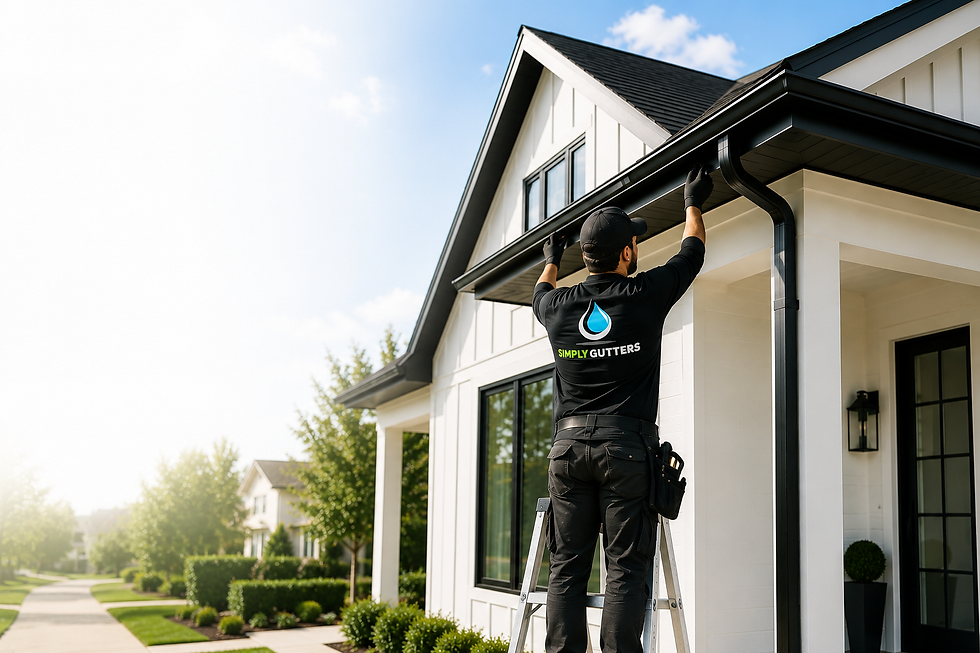 Black seamless rain gutters professionally installed on a modern white stucco home by Simply Gutters in Corona, California.