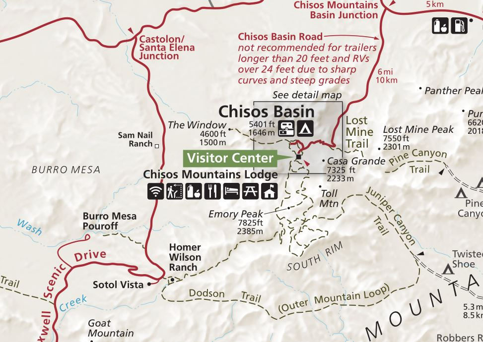 This is a section of the map of Big Bend National Park, the square around Chisos Basin is a cut out where you can see more detail about this area of the park. See additional image below. Full map is available at npmaps.